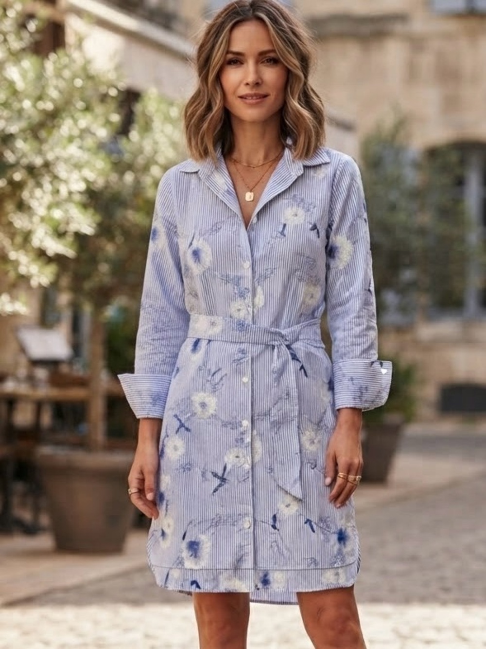 Guillaume Blue White Striped Embroidered Floral Button-Down Shirt Dress Boho XL